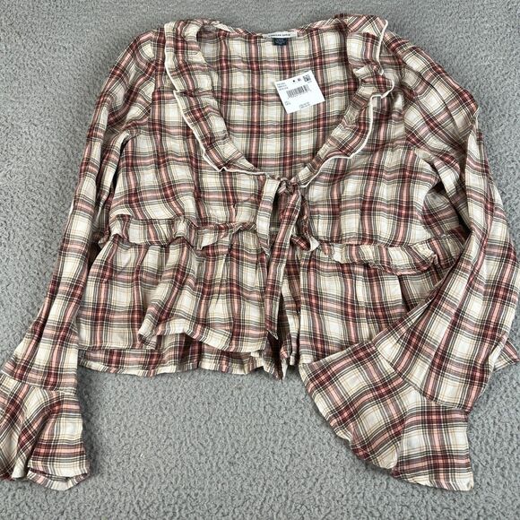 American Eagle Blouse Women Large Red Pink Plaid Peplum Tunic Waist Tie Bell Top - Picture 1 of 11